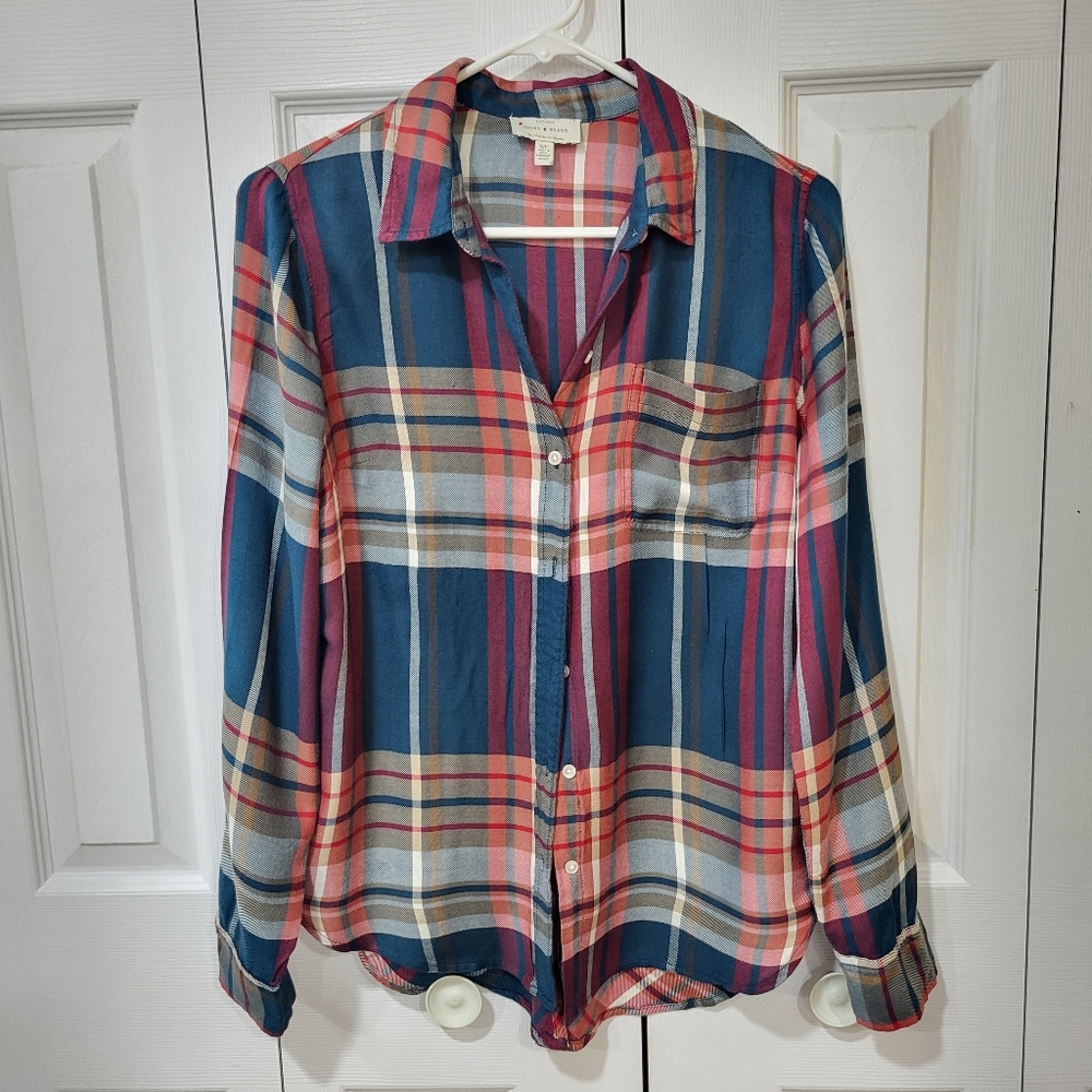 Lucky Brand Womens Size S Plaid Button Down Long Sleeve Blouse Shirt Hi Low Top